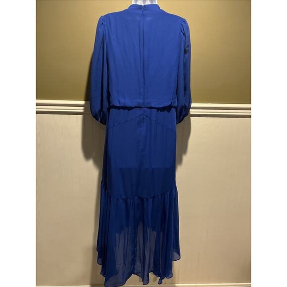 Taylor Royal Blue Azure Chiffon V neck High Low Midi Dress Medium - Picture 7 of 9